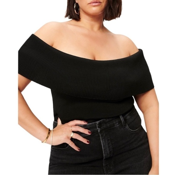 Good American Tops - Good American Fold Over Rib Crop Top Black Small Size 1